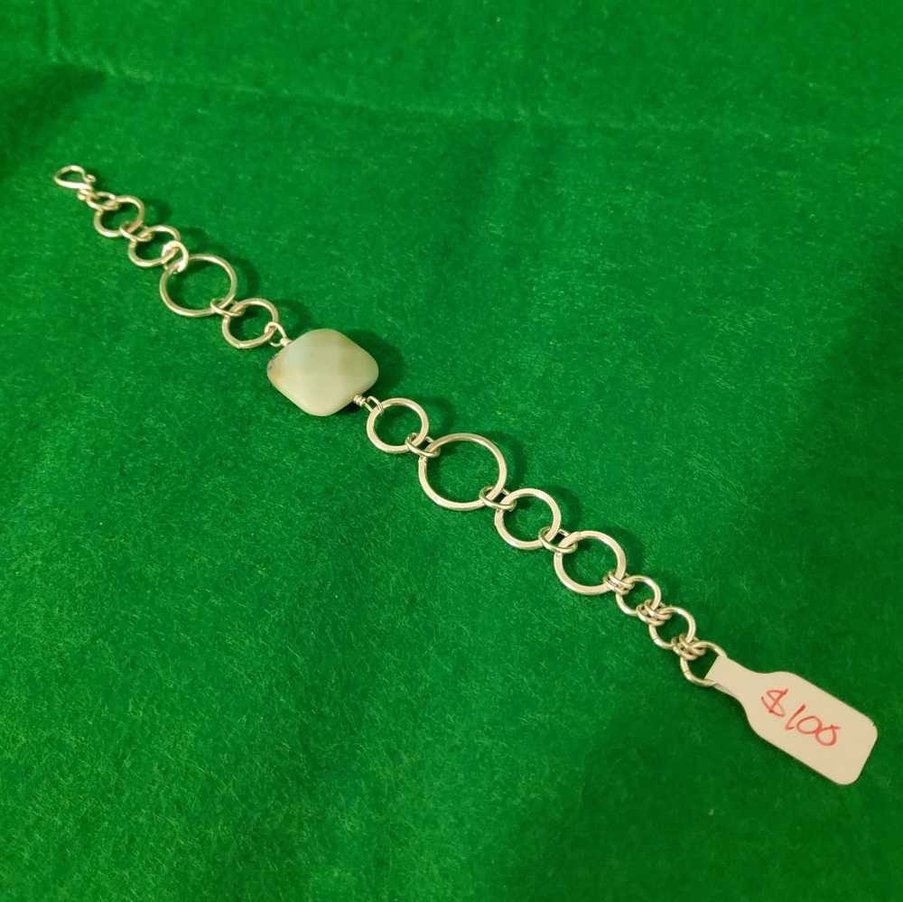 Artisan Sterling Silver Bracelet With Pale Green Stone, Size 7.5